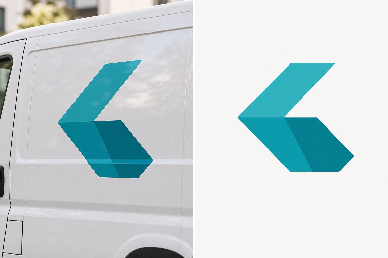 A logo photographed on the side of a van beside the same logo as a clean, flat artwork file
